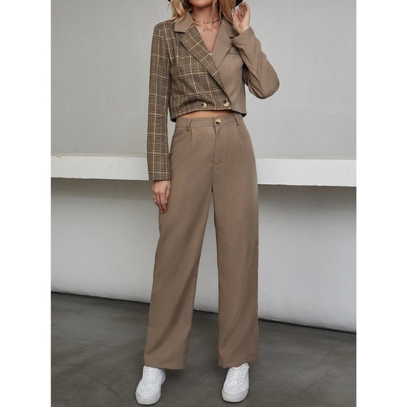 2 piece set: Contrast Plaid Lapel Neck Blazer & Pants pantsuit tan brown - Picture 6 of 8